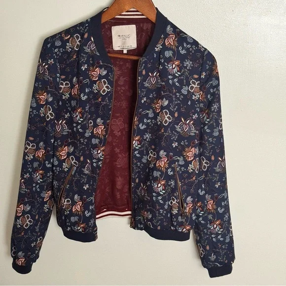 ZARA Trafaluc Floral Bomber Jacket Women’s Small Navy Zip Up Lightweight Trendy - Picture 2 of 8
